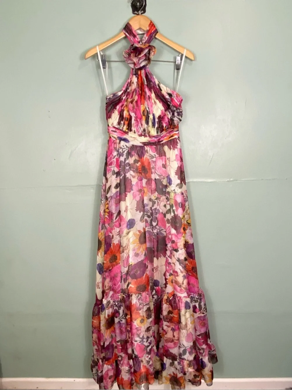 Mac Duggal Asymmetrical Ruffled Halter Gown Floral Maxi Dress Size 4 - Picture 2 of 13